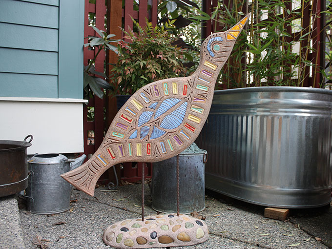 Greta Bird front public art mosaic sculpture bird cement ceramics jeremy criswell jacksonville oregon