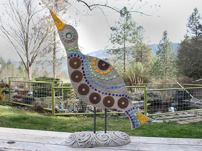 Newbird public art sculpture mosaic ceramic cement jeremy criswell jacksonville oregon