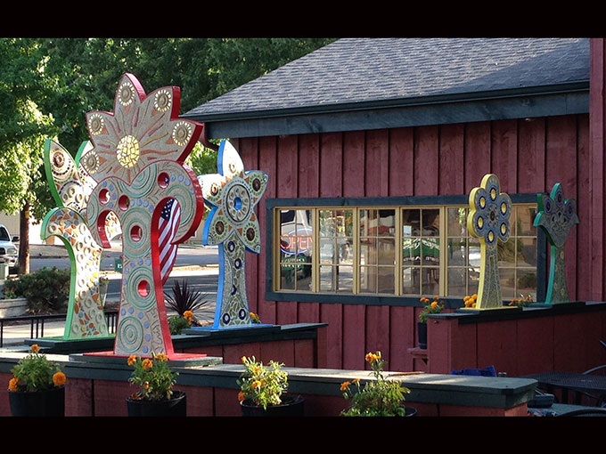 flowers mosaic sculpture public art tile welding pony espresso jacksonville oregon artist jeremy criswell