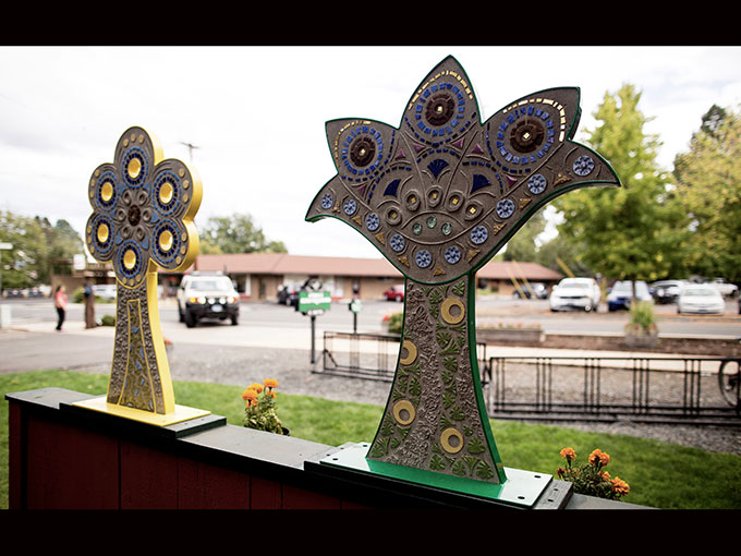 flowers mosaic sculpture tile public art cement welding pony espresso jacksonville oregon artist jeremy criswell clay ceramic