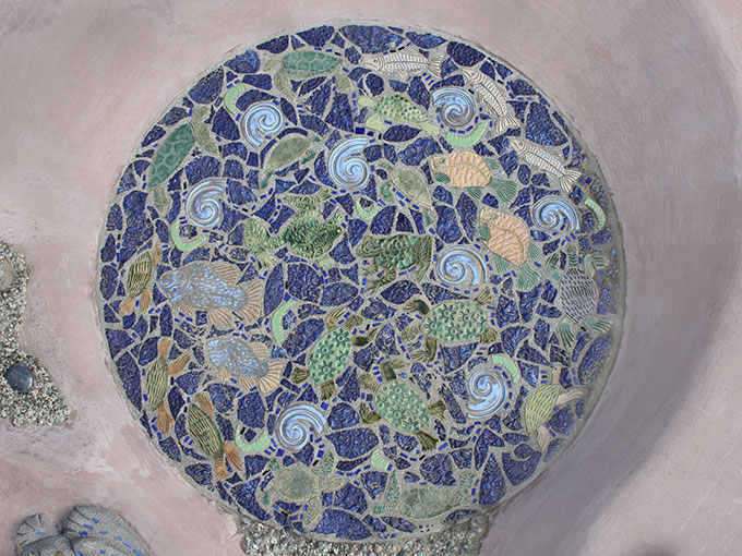 Oregon Hills Park public art project closeup of large water-life mosaic